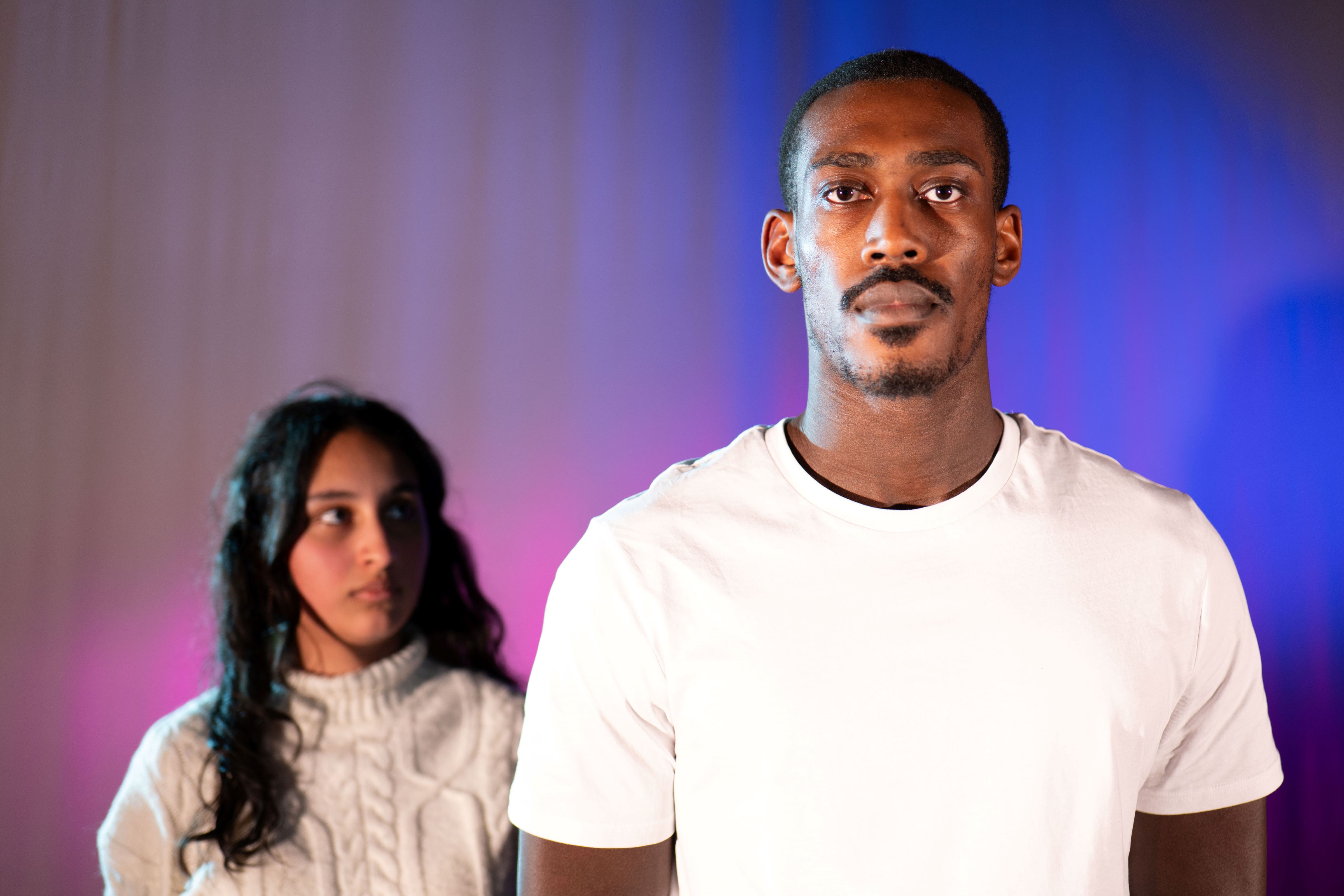 Medea (Mina Strevents, not pictured) seeks revenge after Jason (Will Atiomo, right) abandons her. Jason is accompanied by his assistant (Zeynah Yusuf), who is unsettled by the affairs.